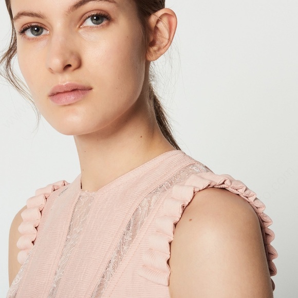 NWOT Sandro Paris Lace Inset Ruffle Dress in Blush FR 36; US 2-4 / Small - Picture 4 of 16